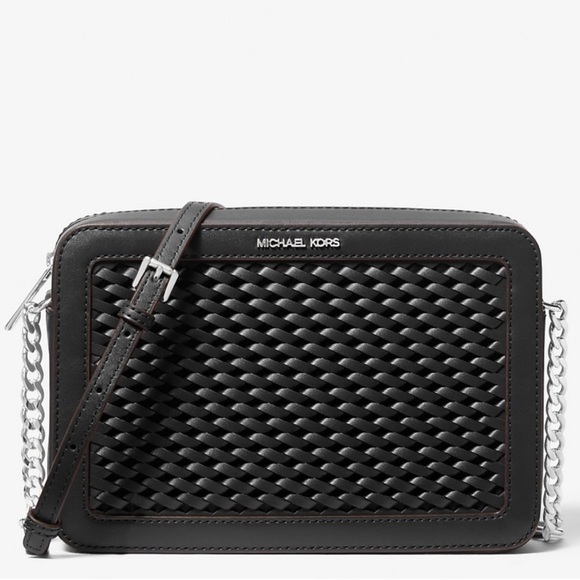 Michael Kors Jet Set Large Woven Crossbody Bag Black - Picture 1 of 11